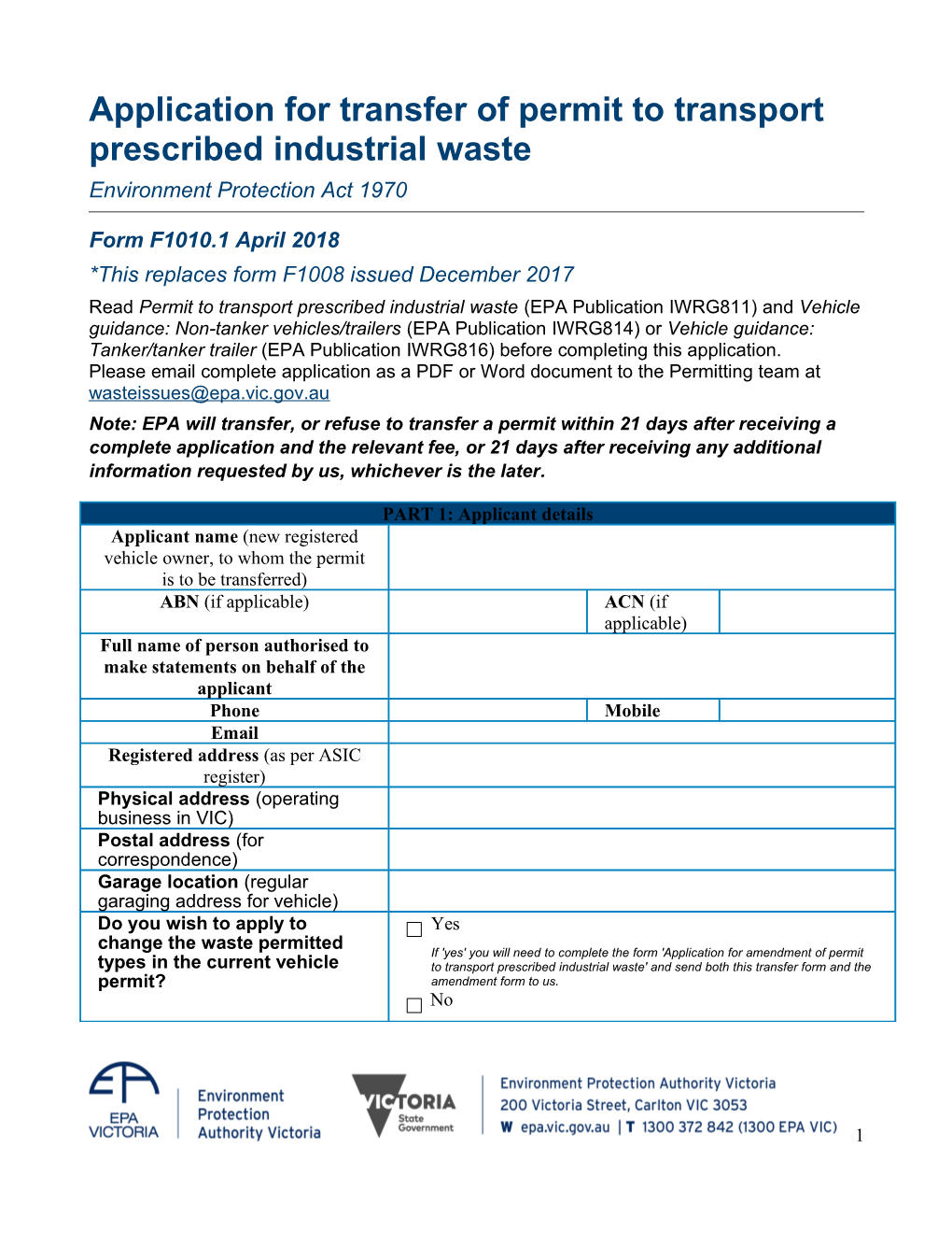 Application for Transfer of Permit to Transport Prescribed Industrial Waste
