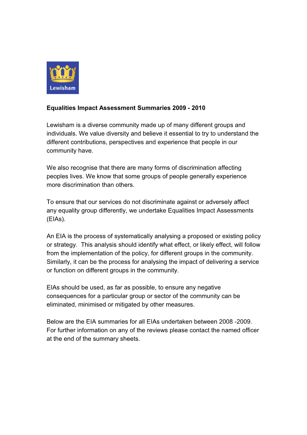 Equality Impact Assessment Summary