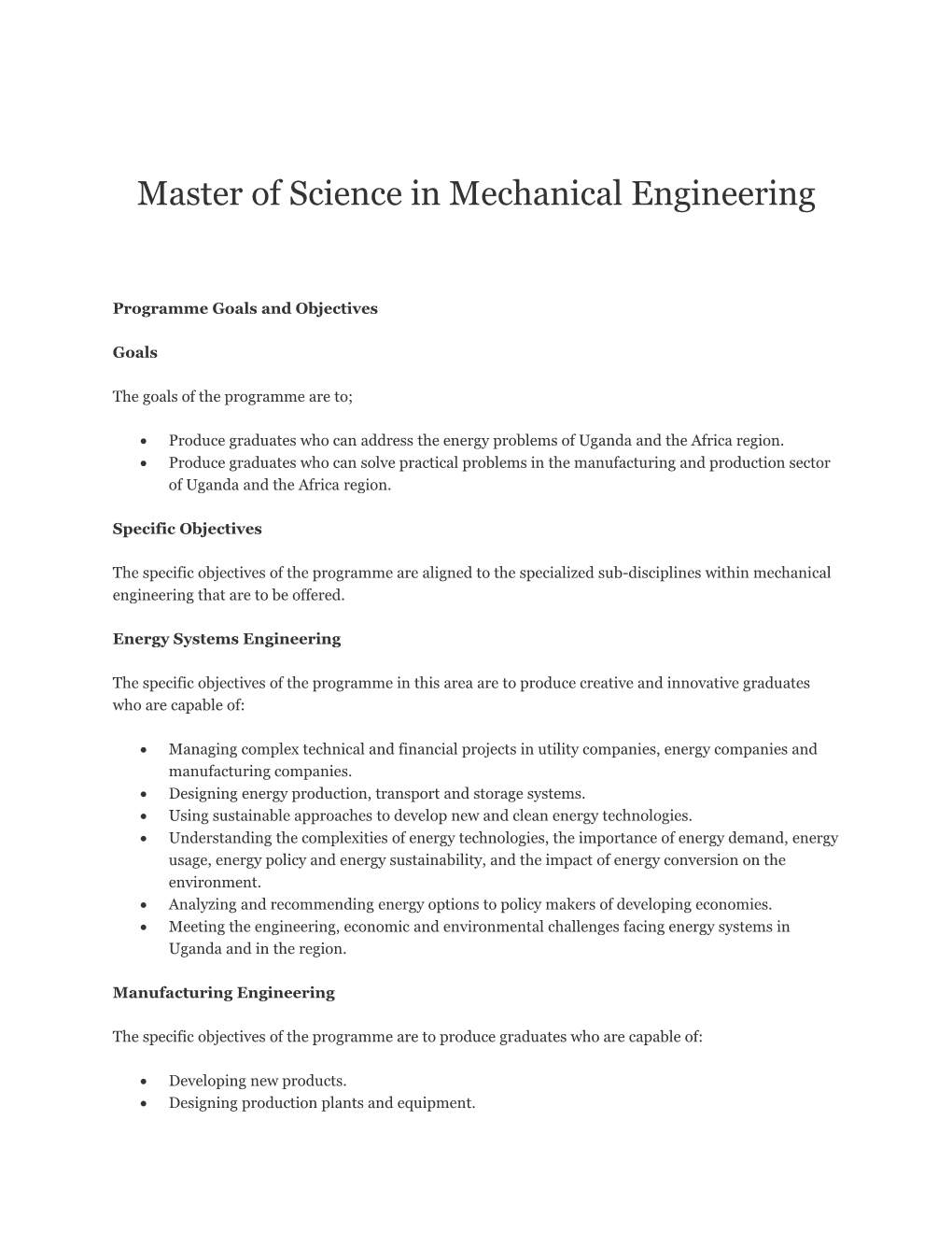 Master of Science in Mechanical Engineering