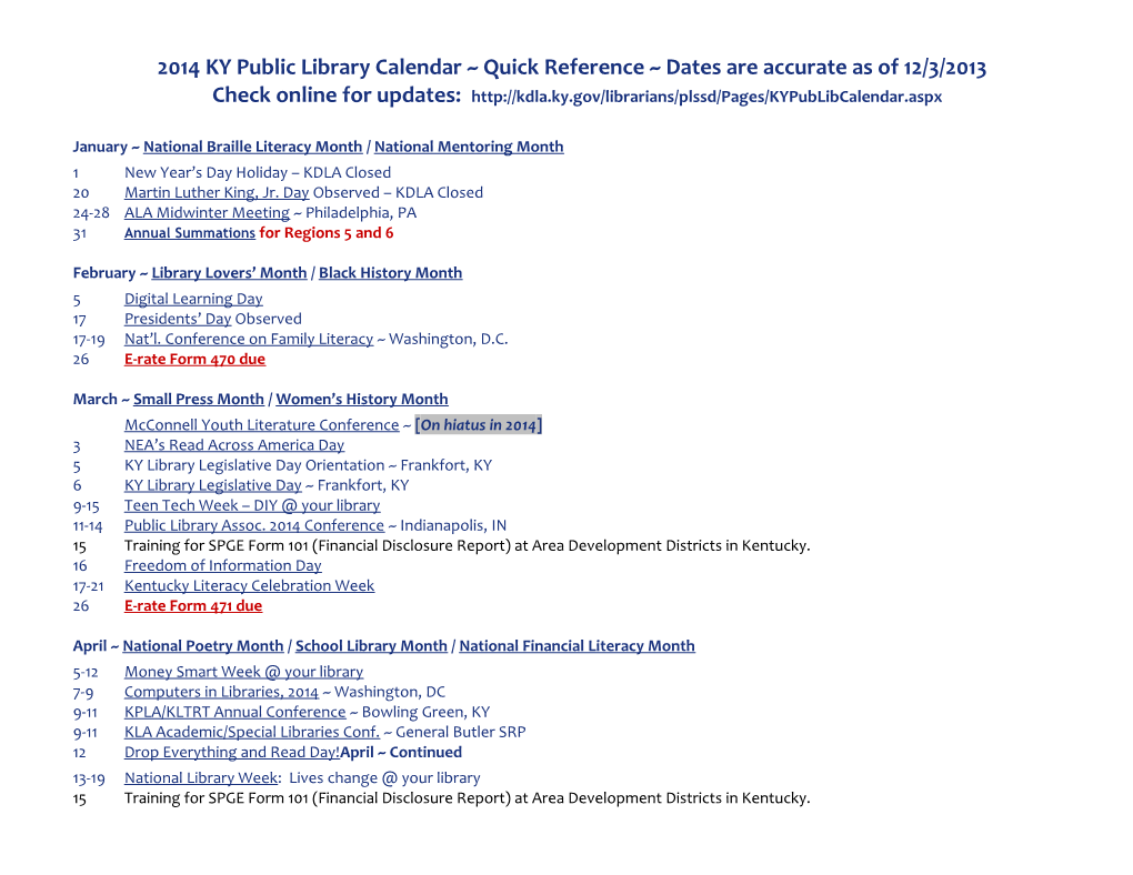 2014 KY Public Library Calendar Quick Reference Dates Are Accurate As of 12/3/2013