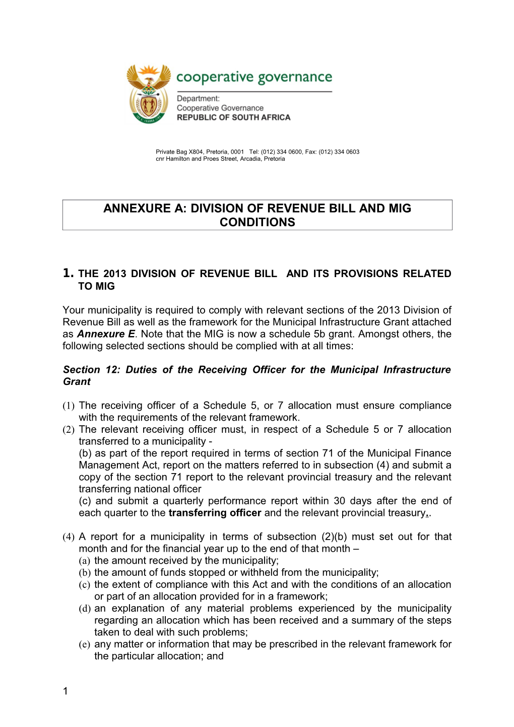 Annexure A: Division of Revenue Bill and Mig Conditions