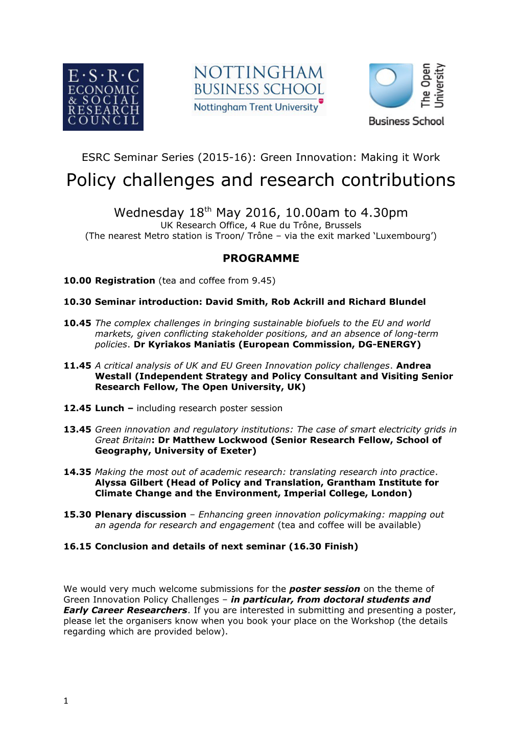 ESRC Seminar Series (2015-16): Green Innovation: Making It Work