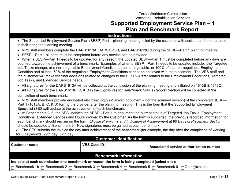 DARS1613B Supported Employment Service Plan Part 1, Plan and Benchmark Report
