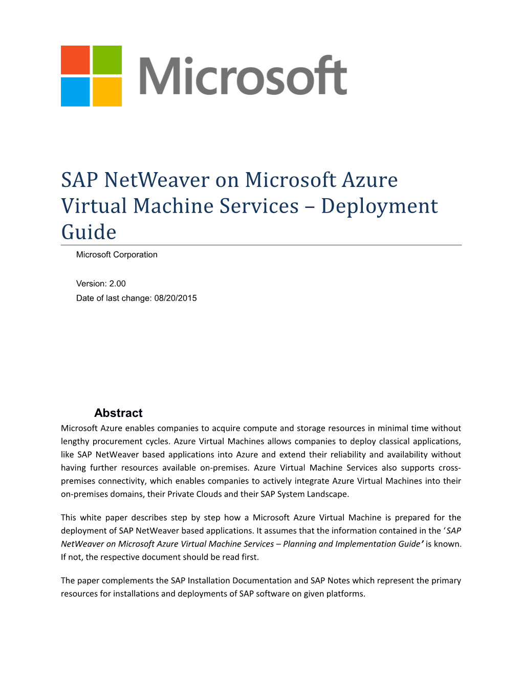 SAP Netweaver on Microsoft Azure Virtual Machine Services Deployment Guide