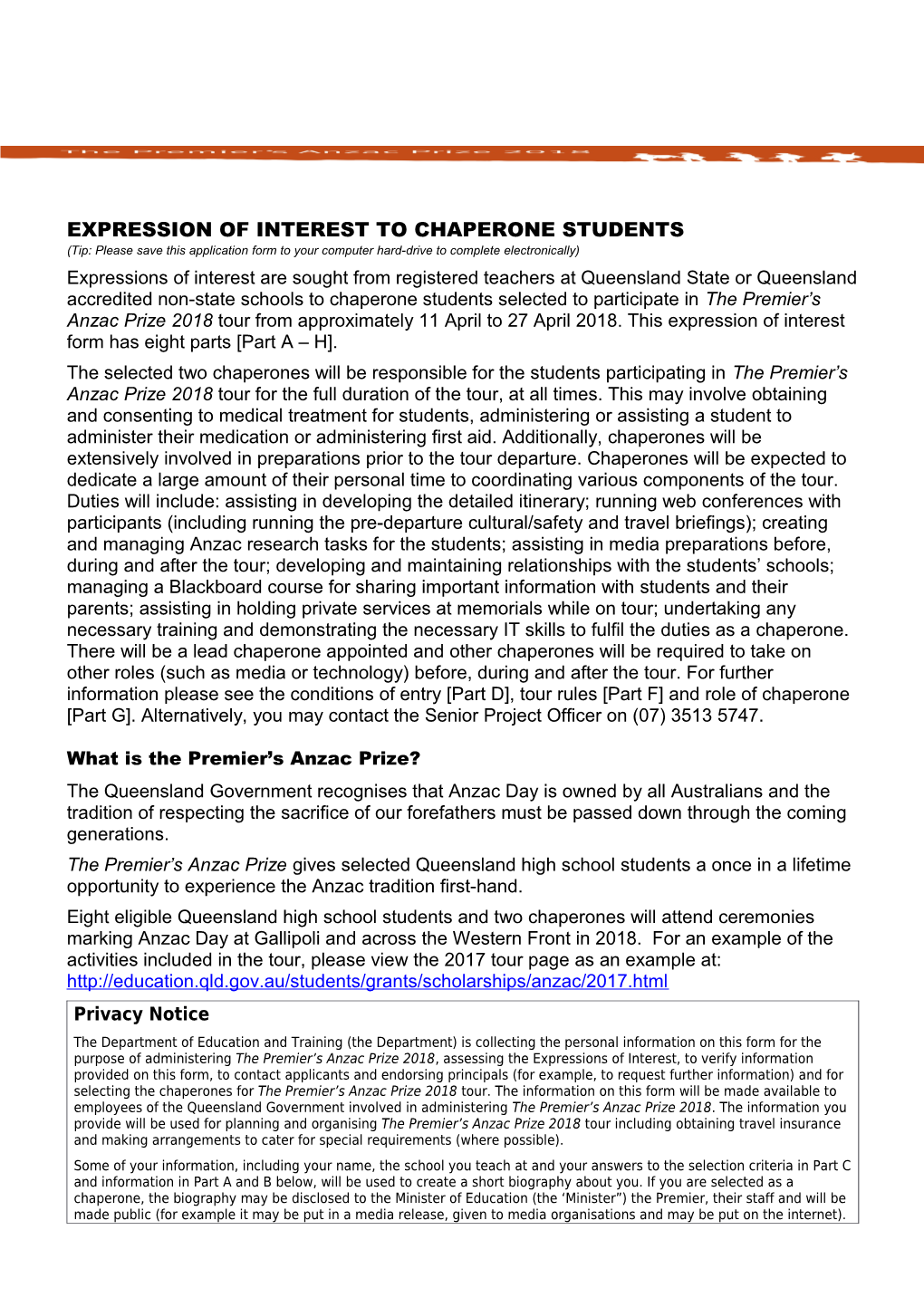 Expression of Interest to Chaperone Students