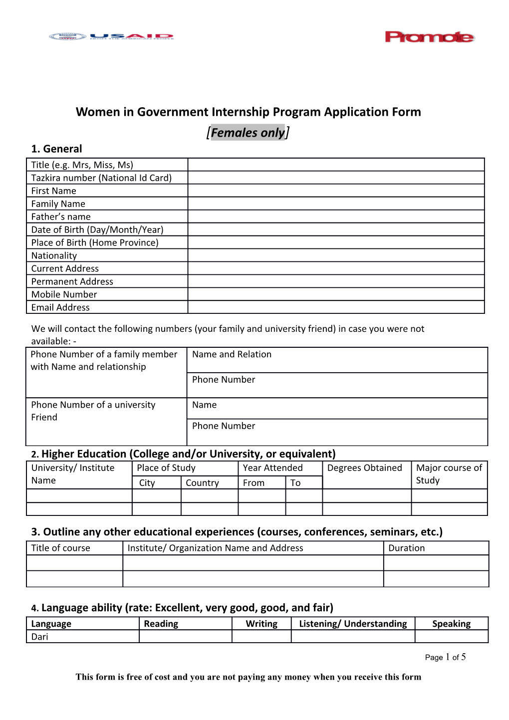 Women in Government Internship Program Application Form