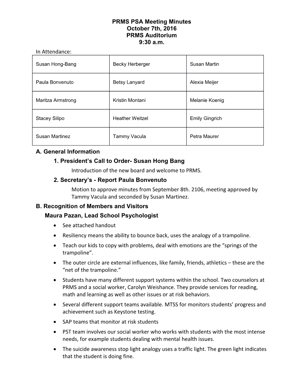 PRMS PSA Meeting Minutes