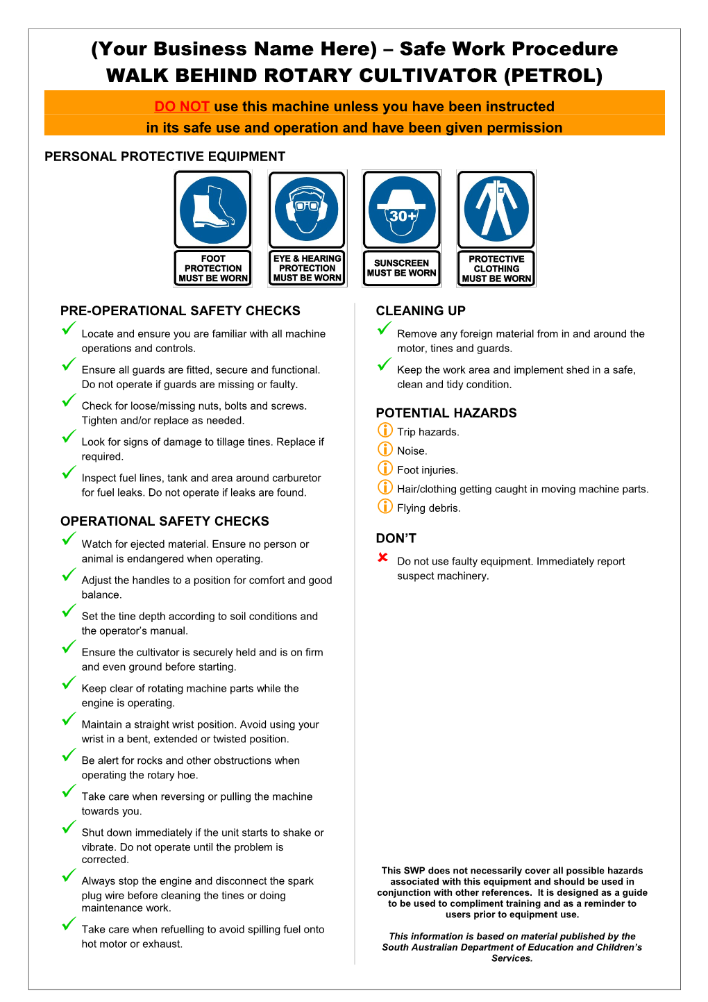 Safety Operating Procedures - Walk Behind Rotary Cultivator