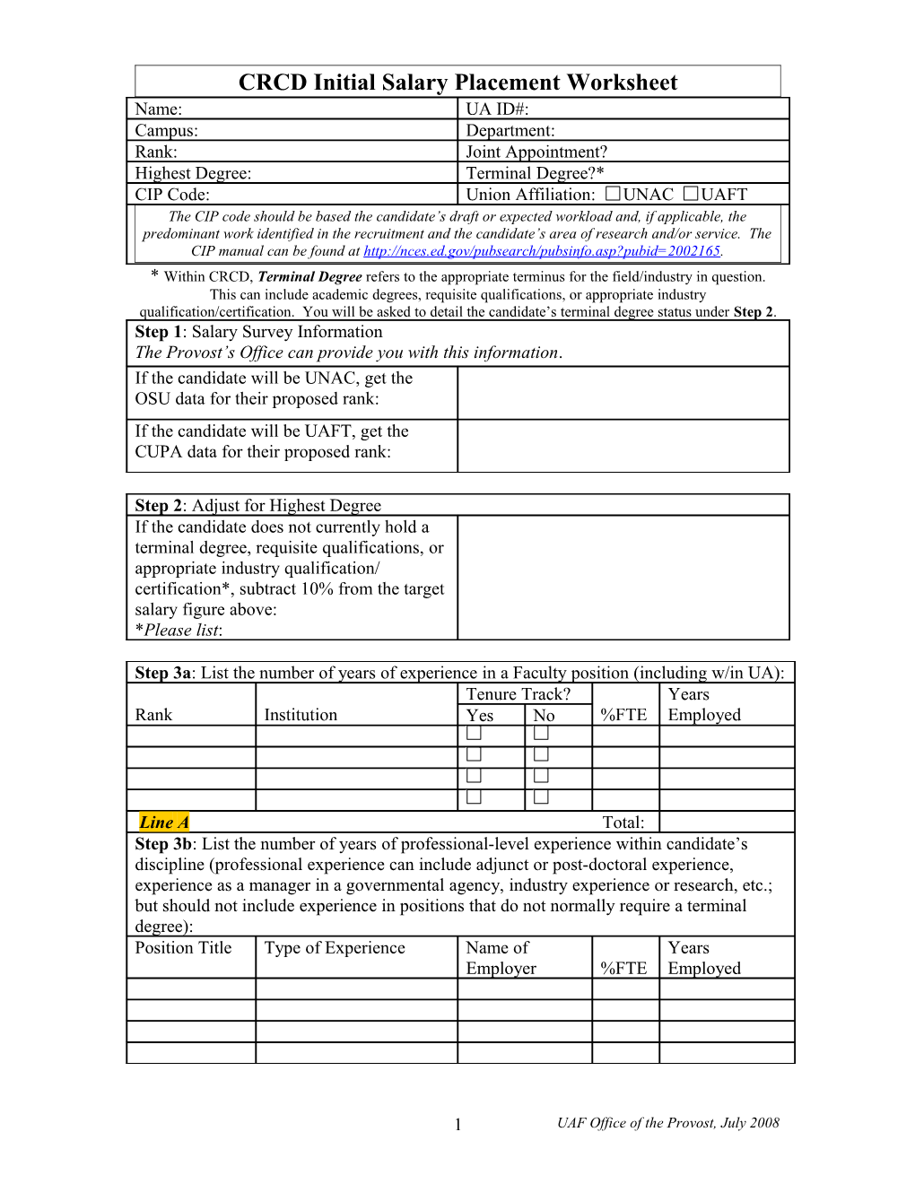 Initial Salary Placement Worksheet