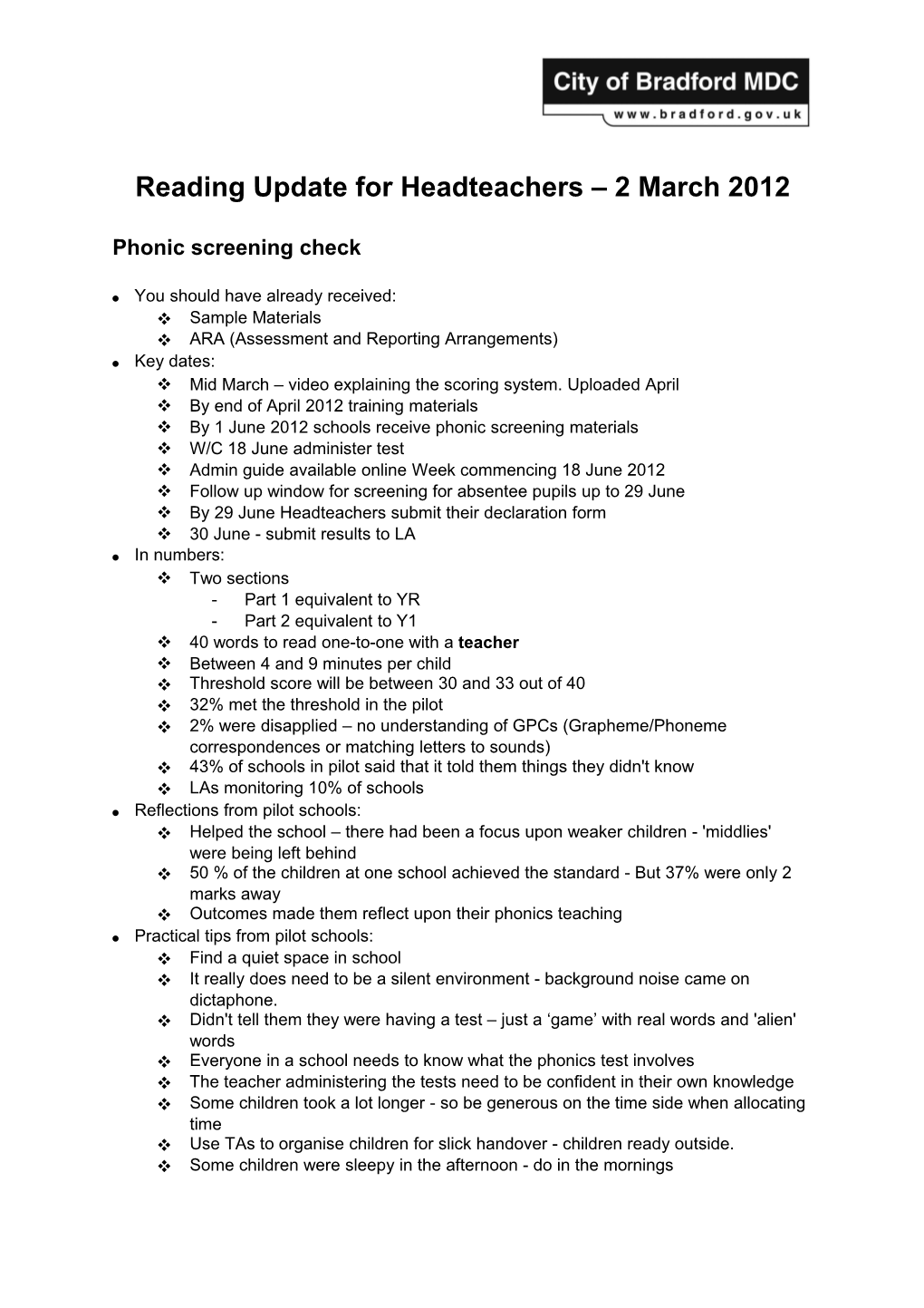 Reading Update for Headteachers 2 March 2012