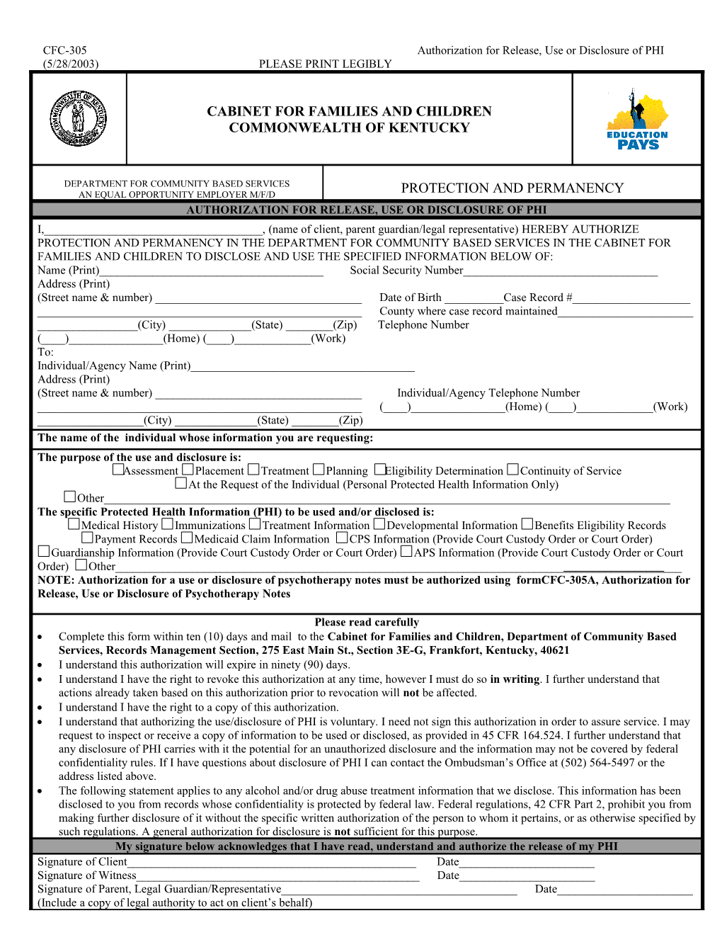 CFC-305 Authorization for Release, Use Or Disclosure of PHI