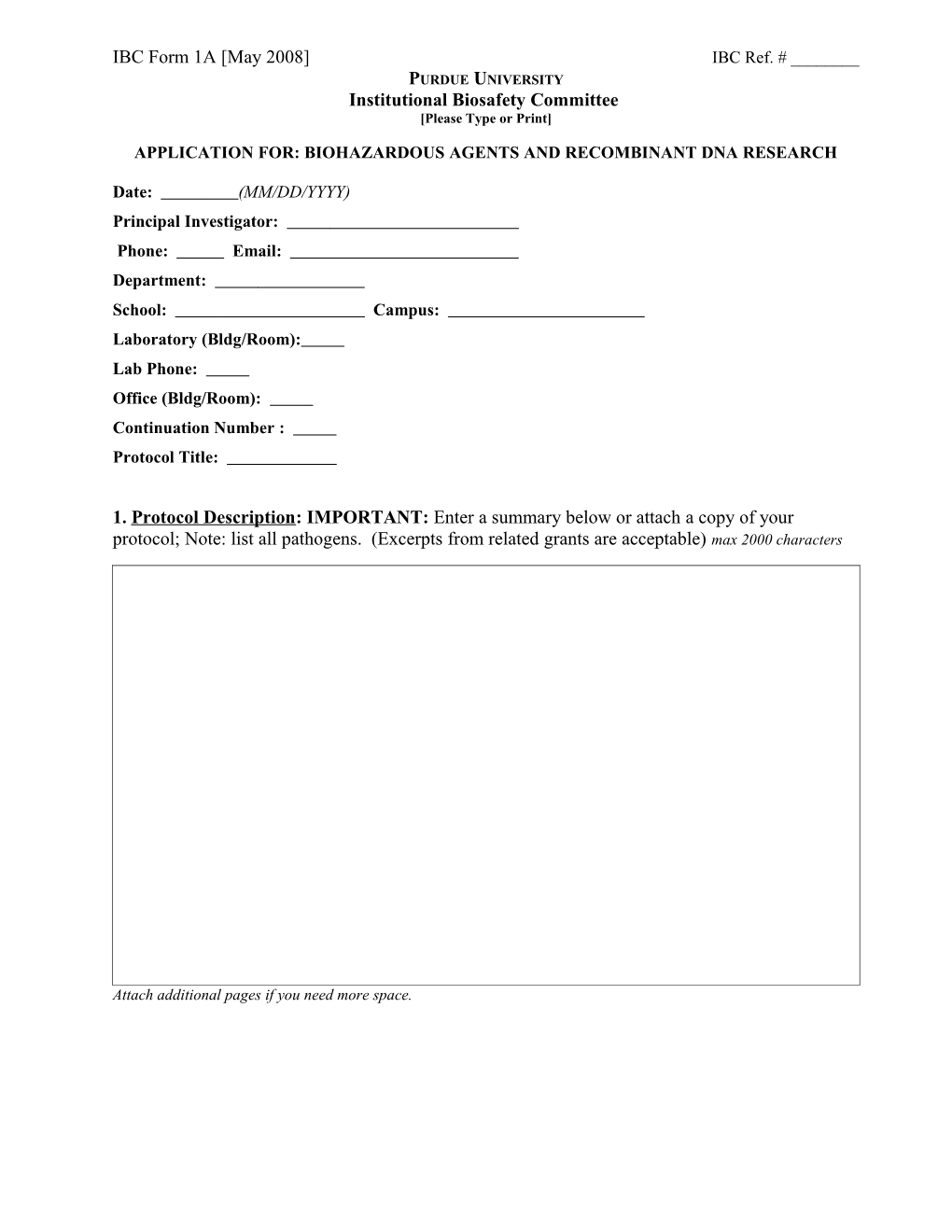 Application For: Biohazardous Agents and Recombinant Dna Research