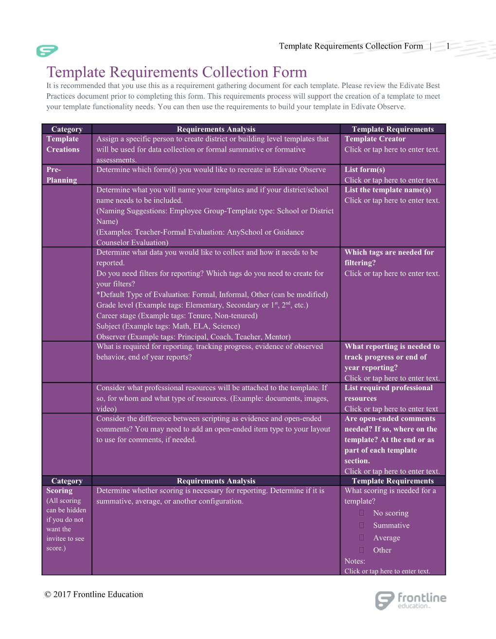 Template Requirements Collection Form