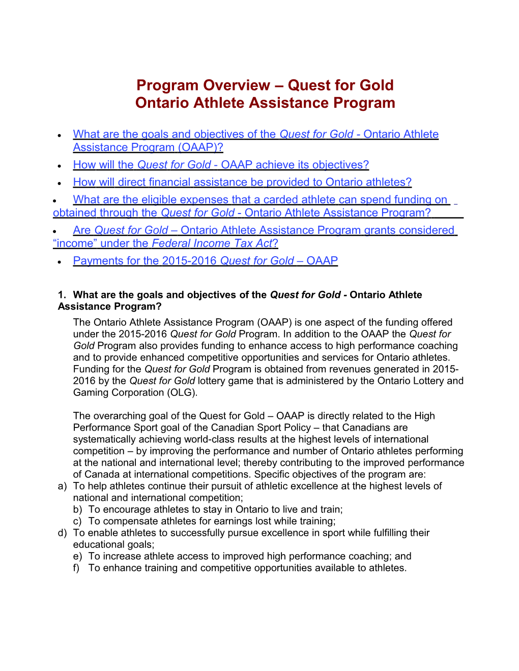 Programoverview Quest for Goldontarioathleteassistance Program