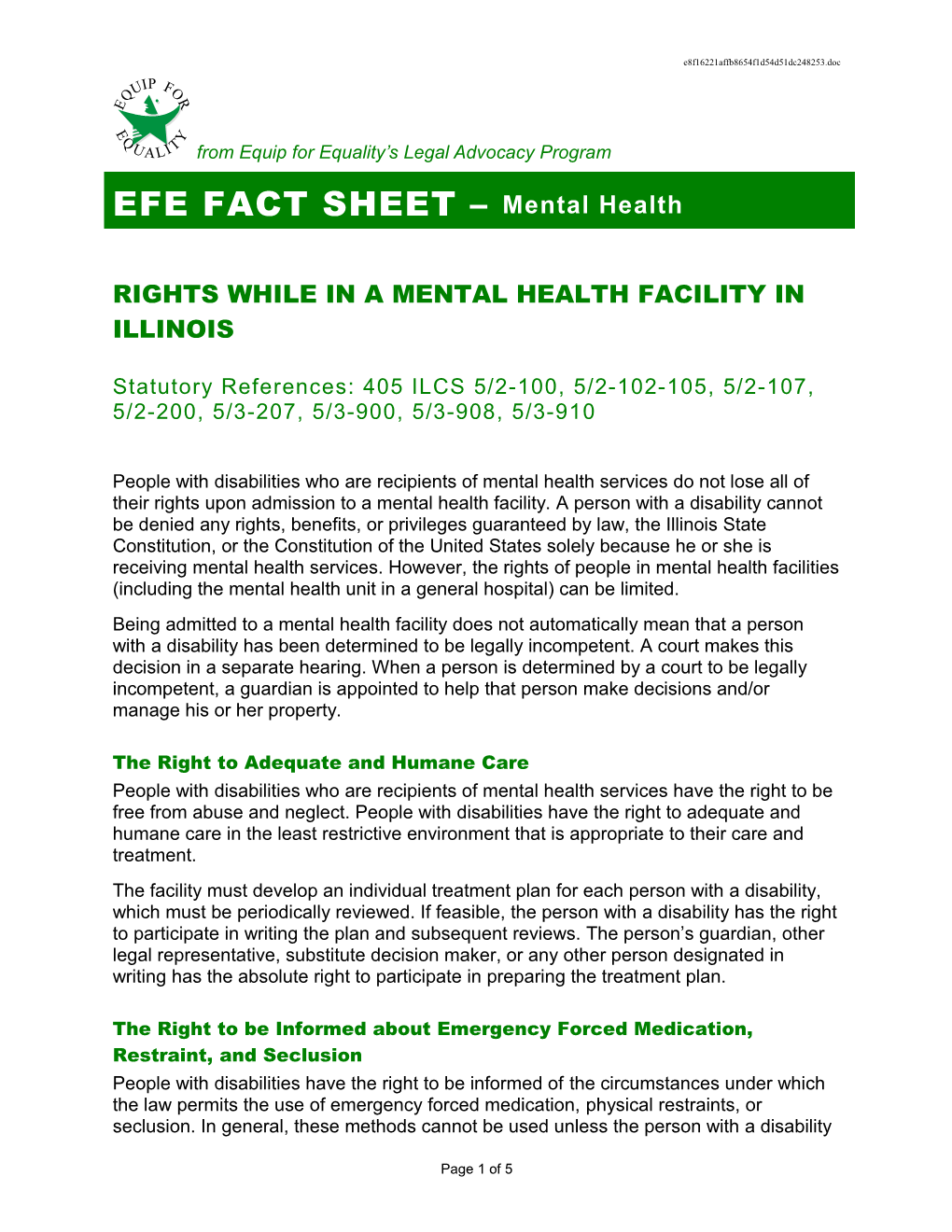 Fact Sheet Rights While in a Mental Health Facility