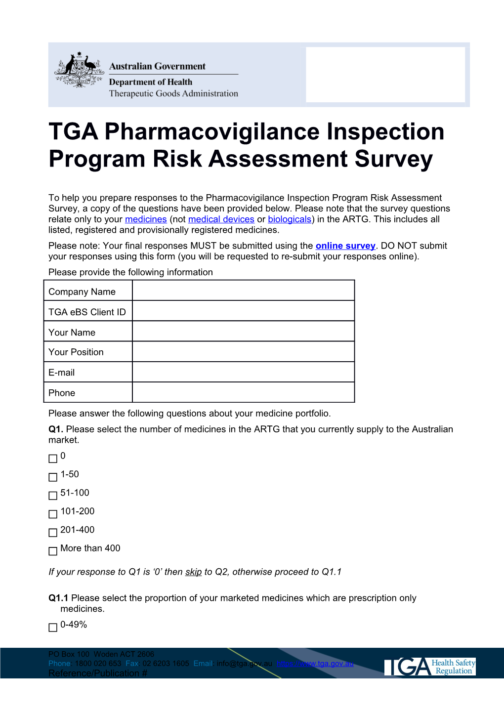 Pharmacovigilance Inspection Program Risk Assessment Survey