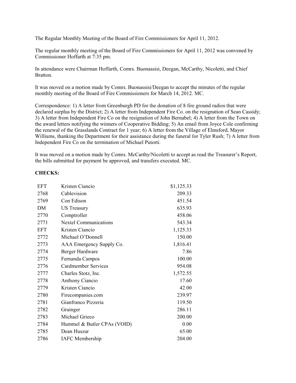 The Regular Monthly Meeting of the Board of Fire Commissioners for April11, 2012