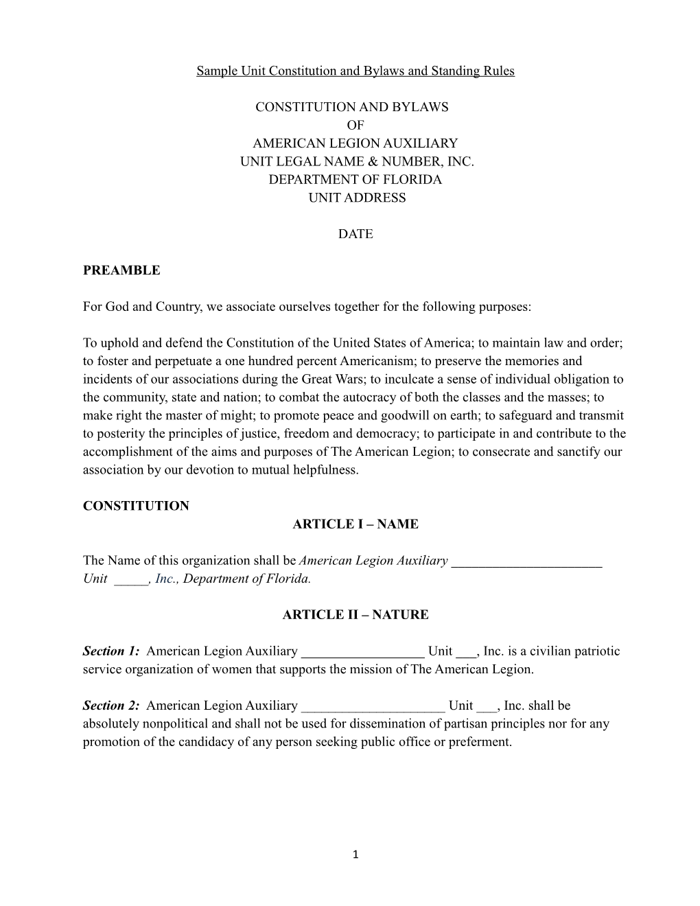 Sample Unit Constitution and Bylaws and Standing Rules