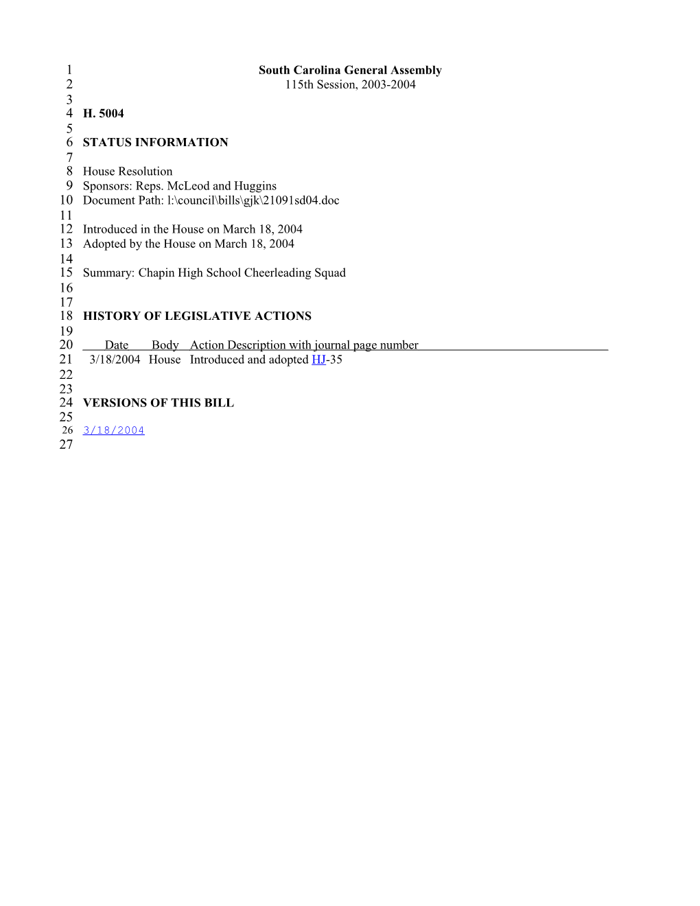 2003-2004 Bill 5004: Chapin High School Cheerleading Squad - South Carolina Legislature Online