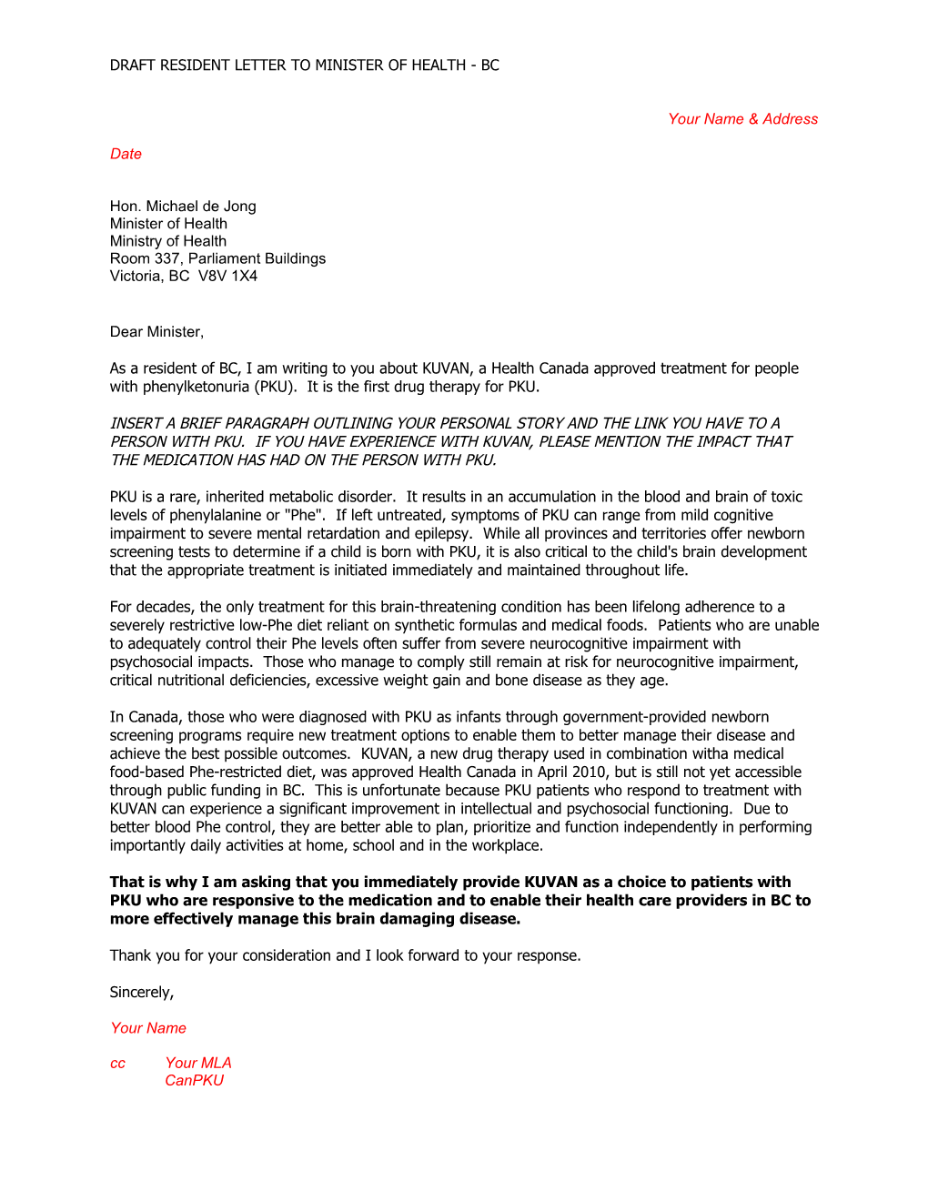 Draft Resident Letter to Minister of Health - Bc