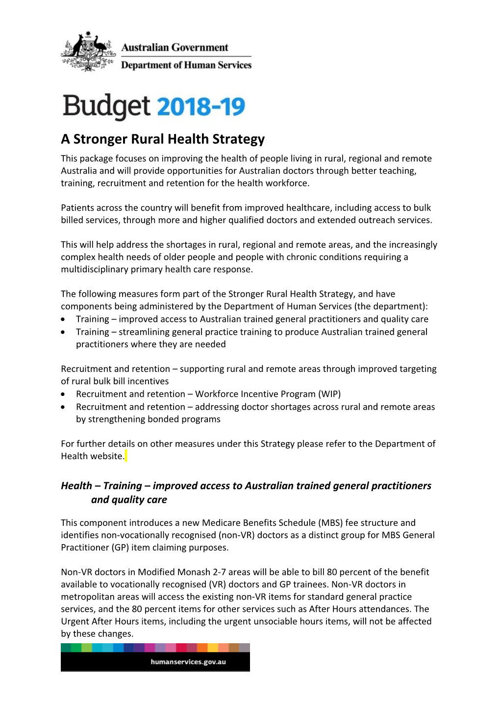 2018-19 Budget - a Stronger Rural Health Strategy