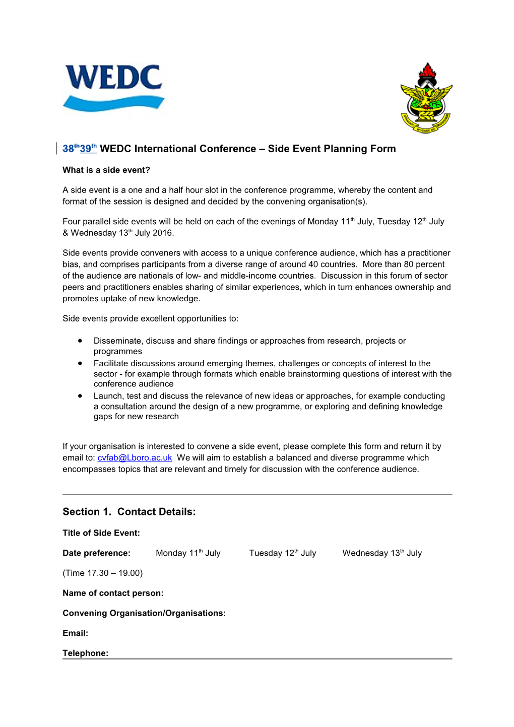 38Th39th WEDC International Conference Side Event Planning Form