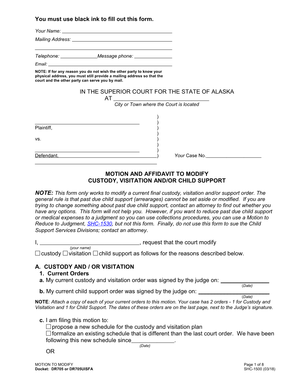 Motion and Affidavit to Modify Custody, Visitation And/Or Child Support, Shc-1500