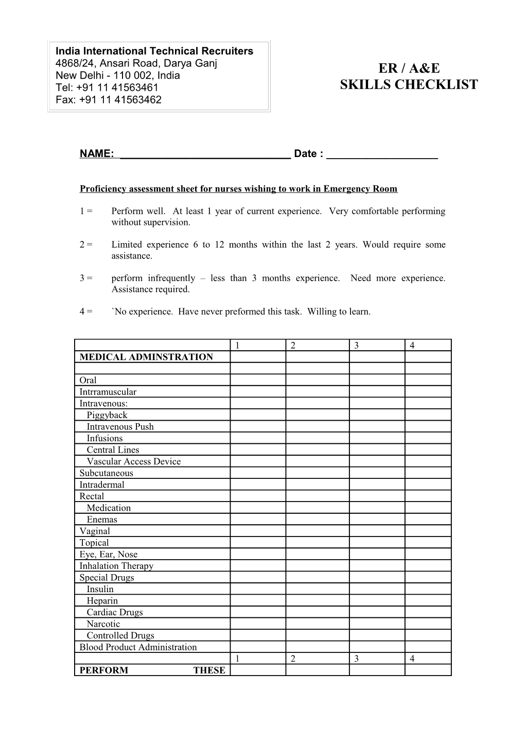 Proficiency Assessment Sheet for Nurses Wishing to Work in Emergency Room