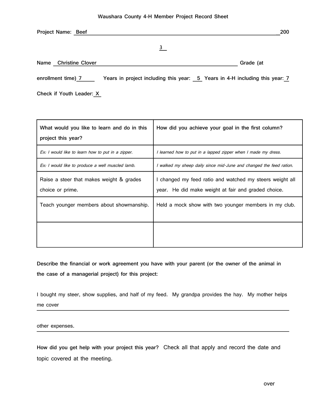 Waushara County 4-H Member Project Record Sheet