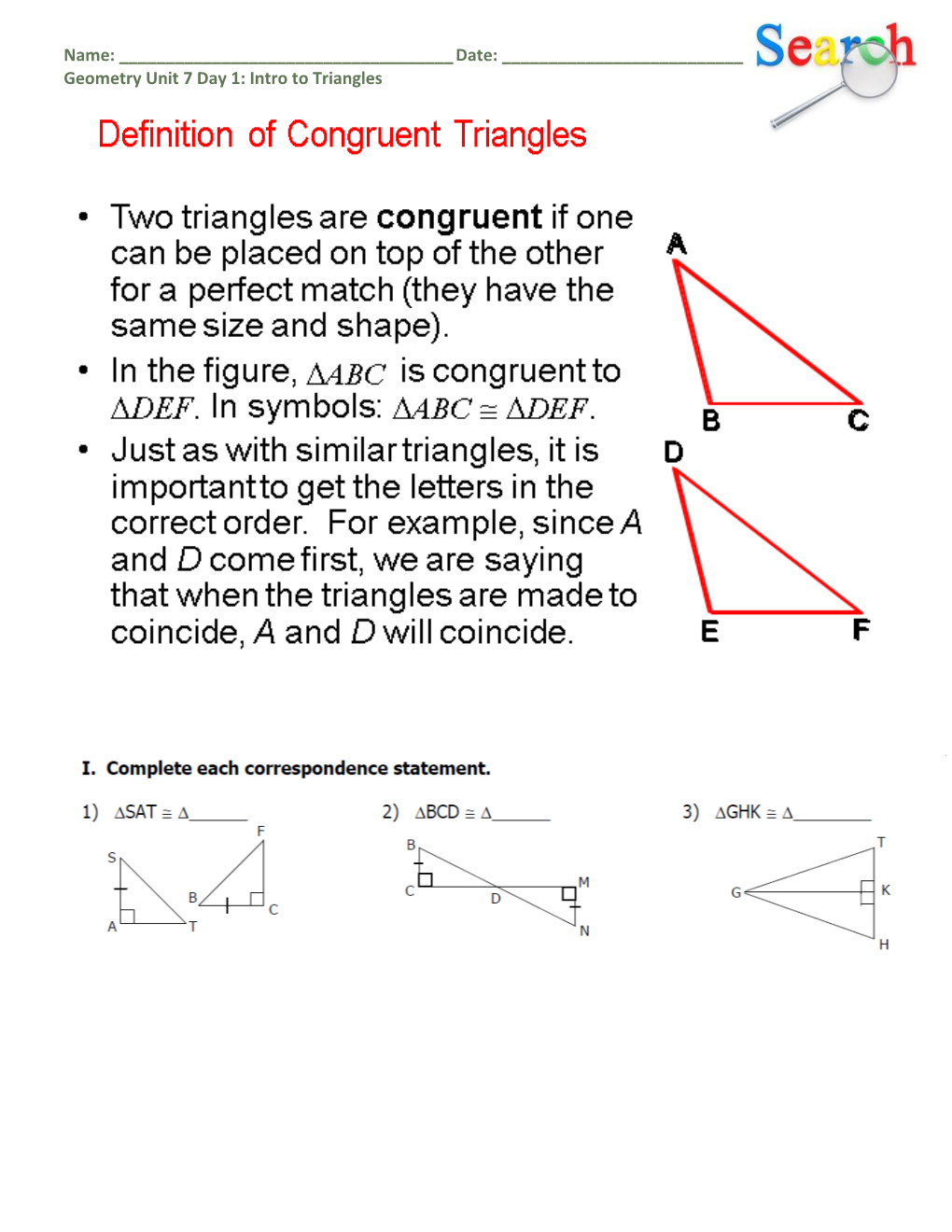 Geometry Unit 7 Day 1: Intro to Triangles