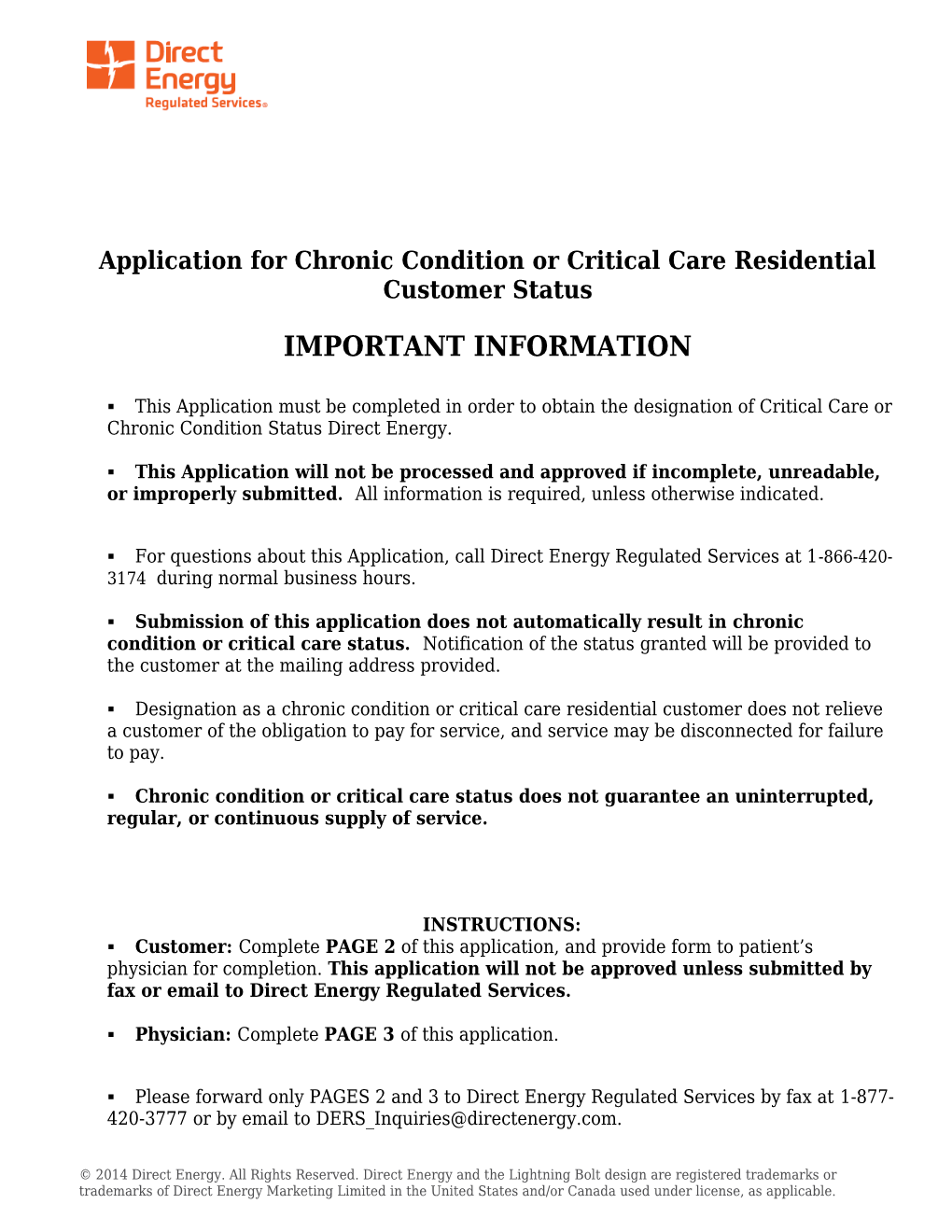 Application for Chronic Condition Or Critical Care Residential Customer Status