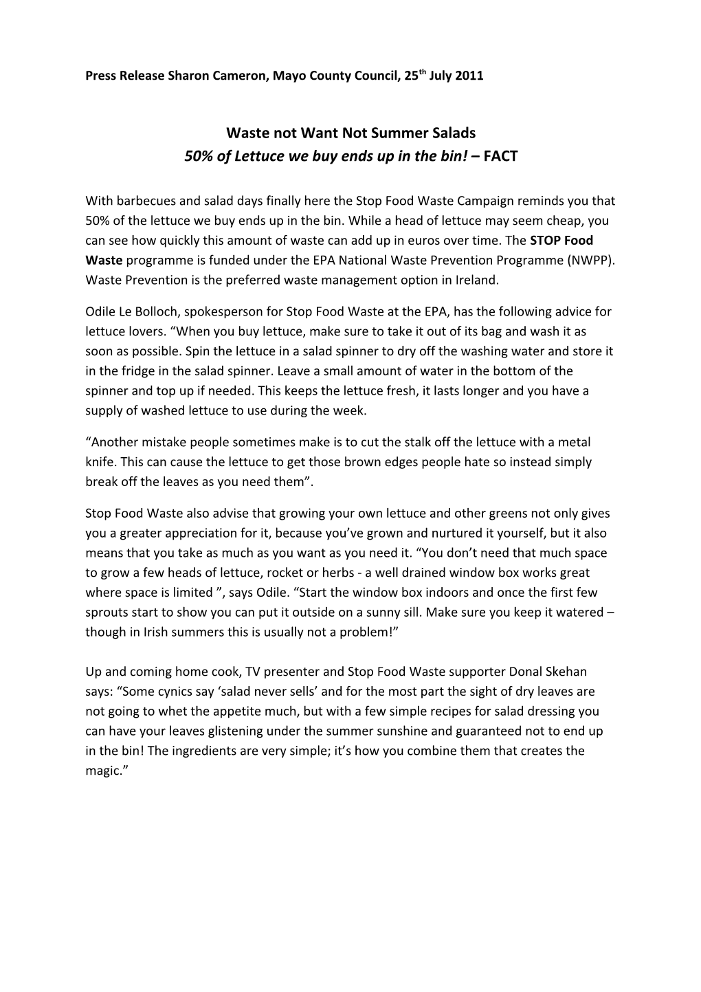 Press Release Sharon Cameron 25Th July 2011