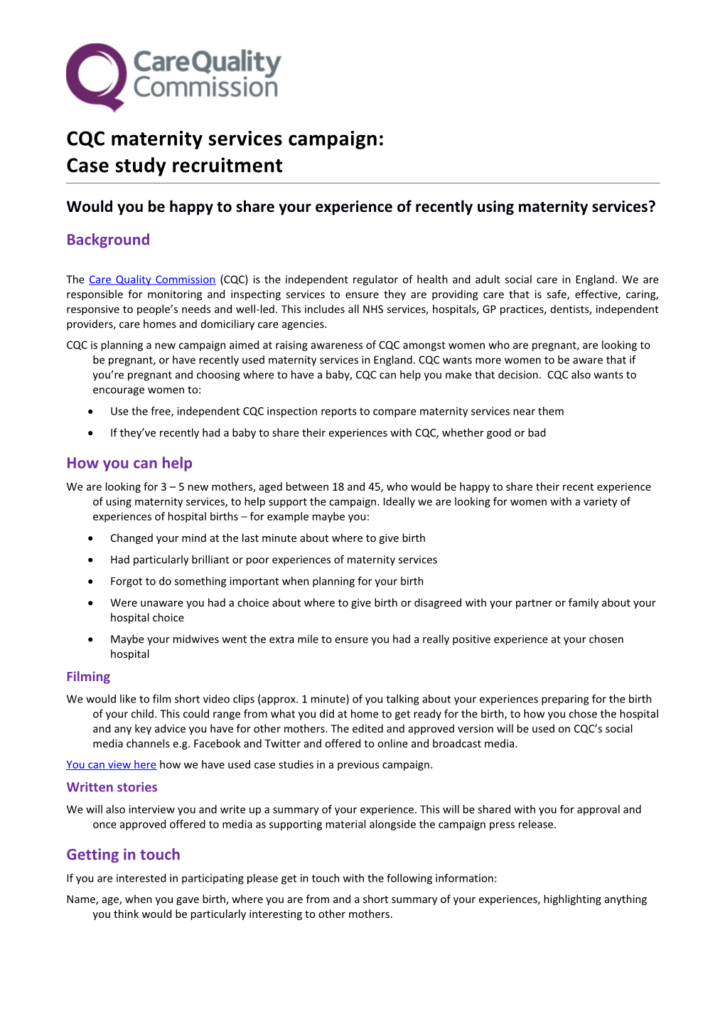 CQC Maternity Services Campaign