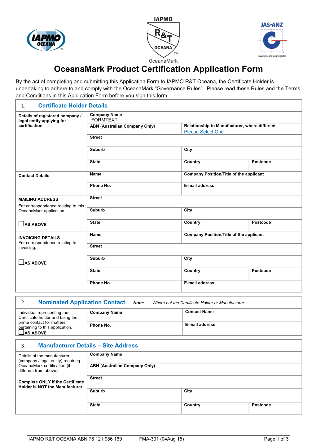 Oceanamark Product Certification Application Form