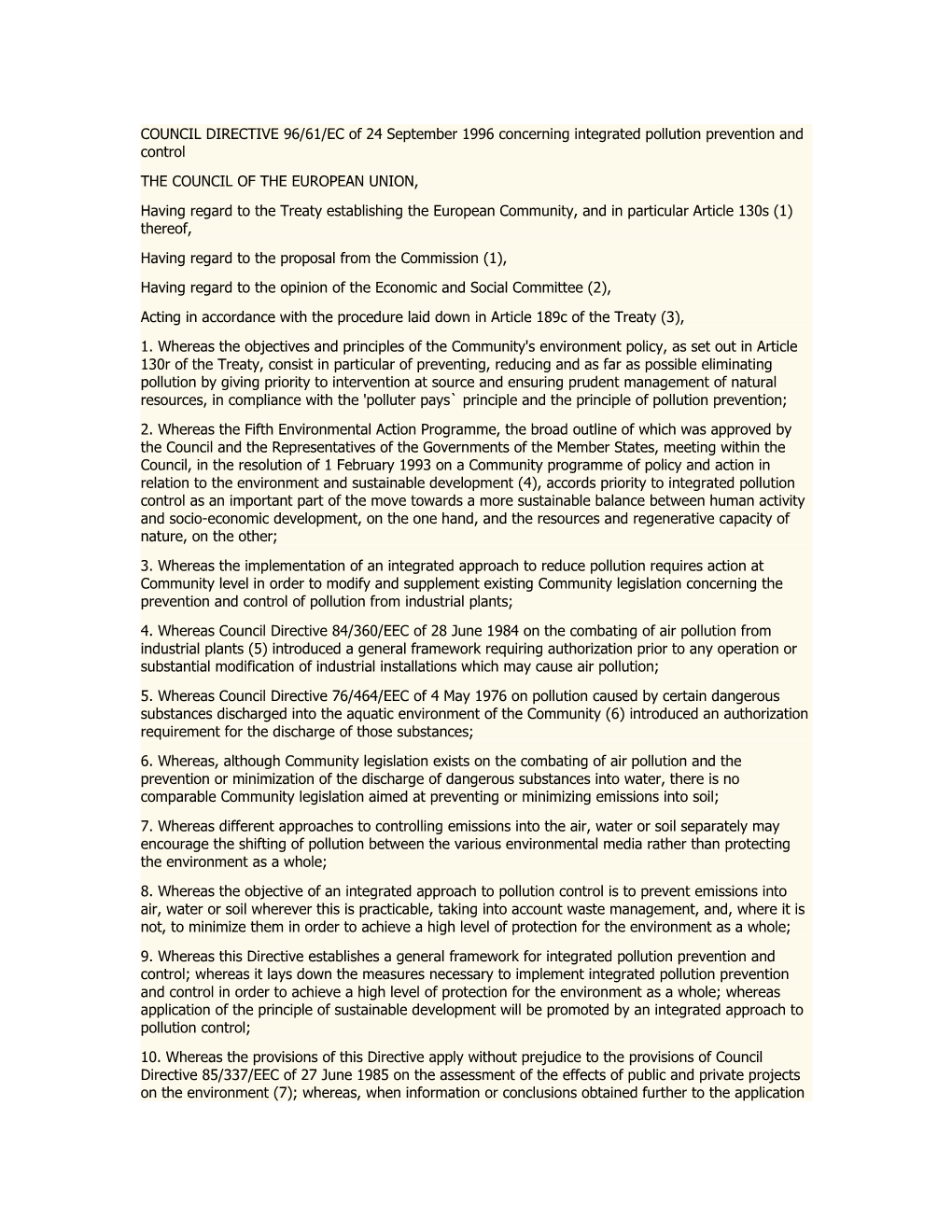 COUNCIL DIRECTIVE 96/61/EC of 24 September 1996 Concerning Integrated Pollution Prevention