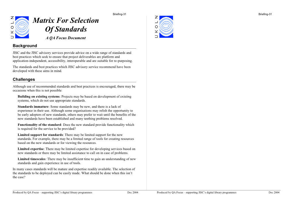 Matrix for Selection of Standards