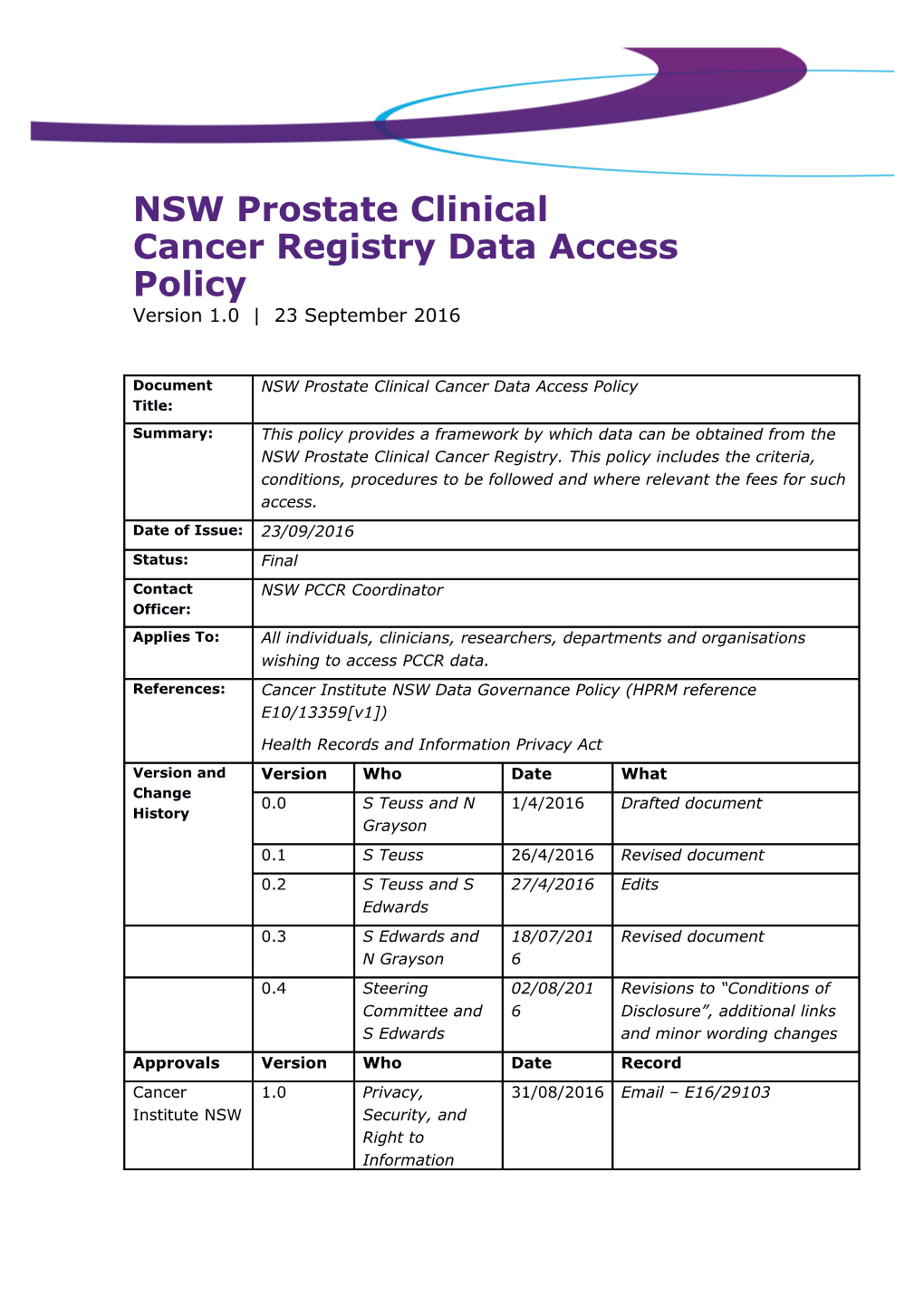 NSW Prostate Clinical Cancer Registry Data Access Policy
