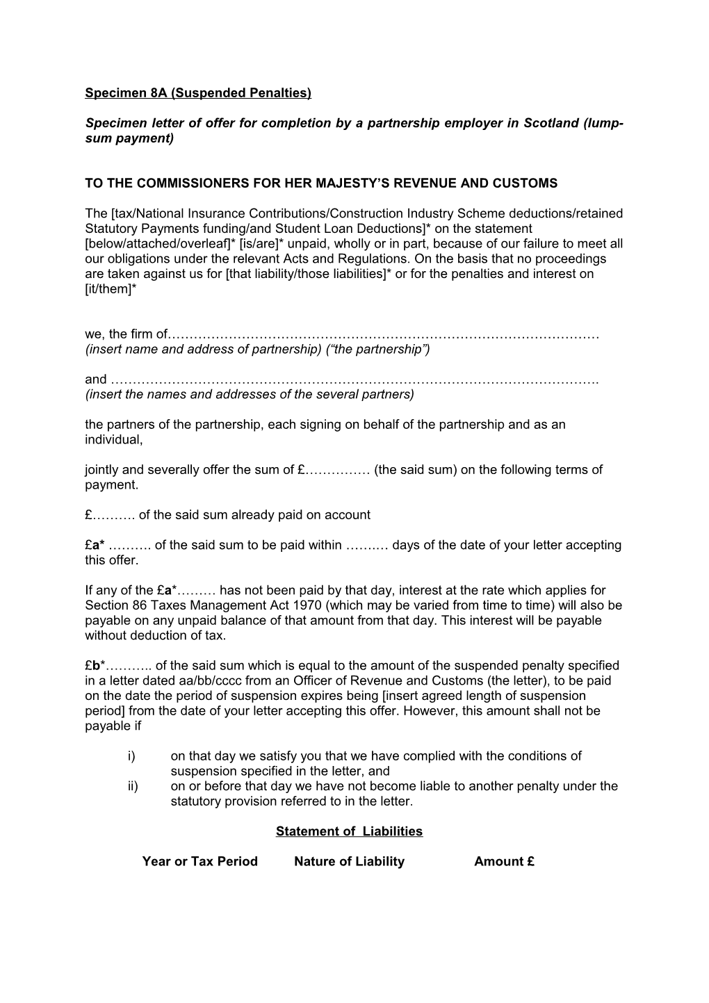 Specimen Letter of Offer for Completion by a Partnership Employer in Scotland (Lump-Sum Payment)
