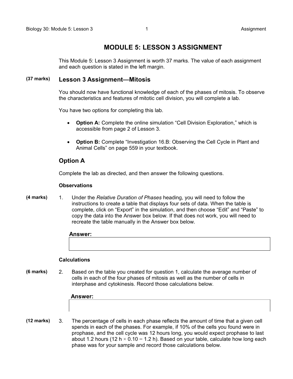 Biology 30: Module 5: Lesson 31Assignment