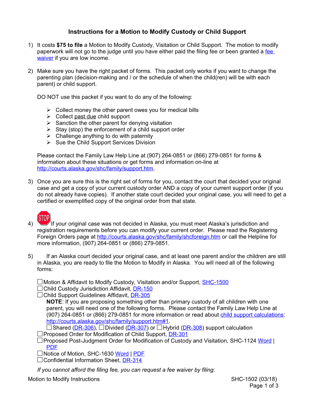 Instructions for a Motion to Modify Custody Or Child Support, SHC-1502