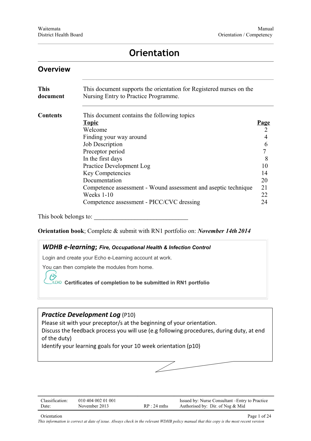 Waitematamanual District Health Boardorientation / Competency