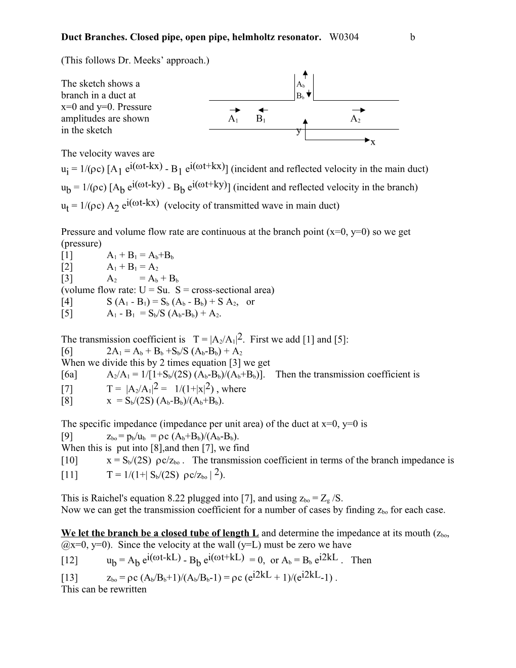 Duct Branches. Closed Pipe, Open Pipe, Helmholtz Resonator. W0304b