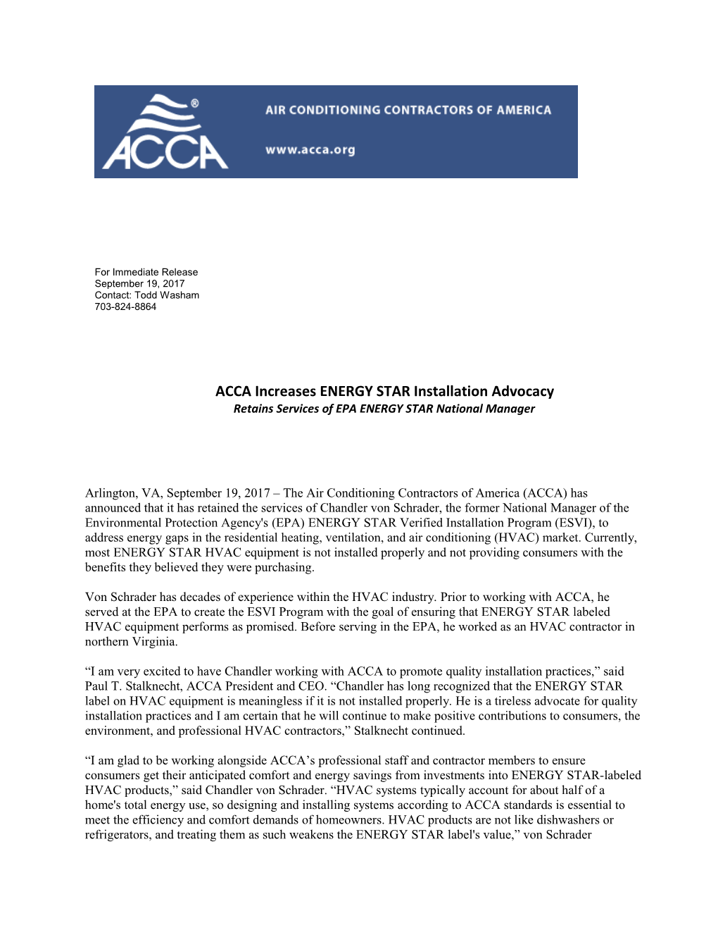 ACCA Increases ENERGY STAR Installation Advocacy
