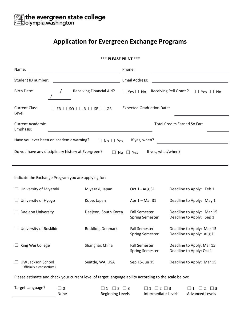 Application for Evergreen Exchange Programs