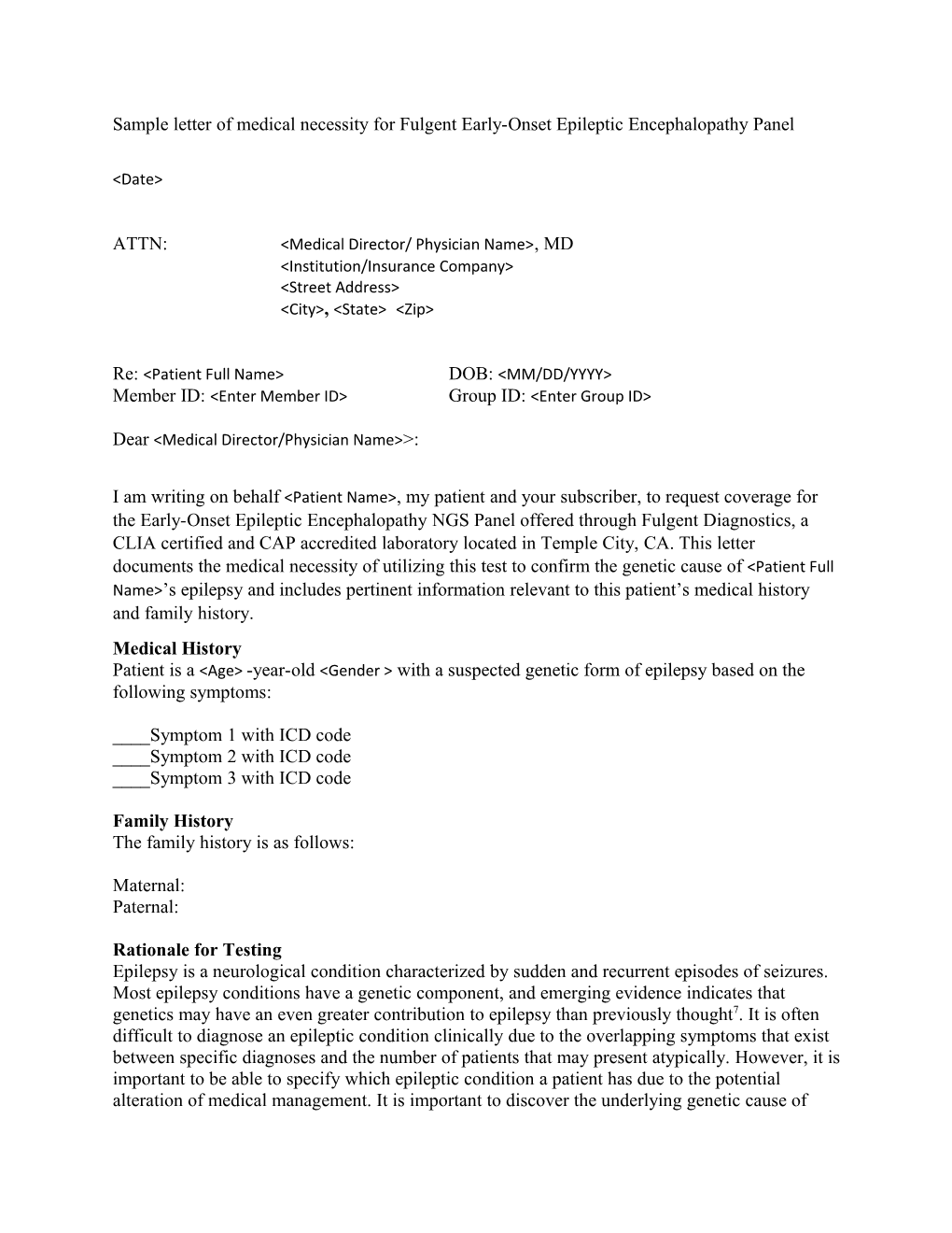 Sample Letter of Medical Necessity for Fulgent Early-Onset Epileptic Encephalopathypanel