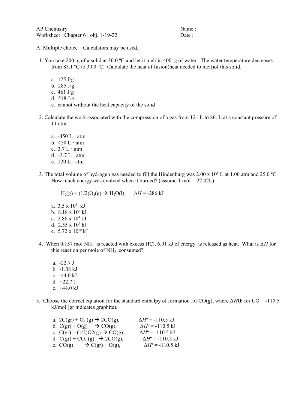 Worksheet : Chapter 6 ; Obj. 1-19-22Date