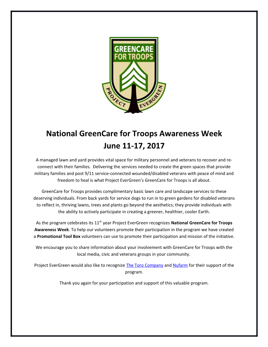 National Greencare for Troops Awareness Week June 11-17, 2017