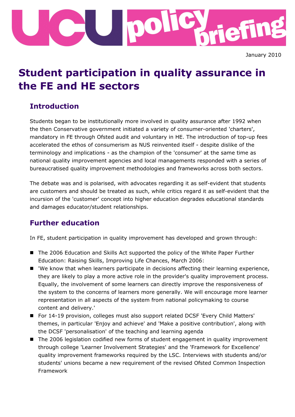 Student Participation in Quality Assurance in the FE and HE Sectors