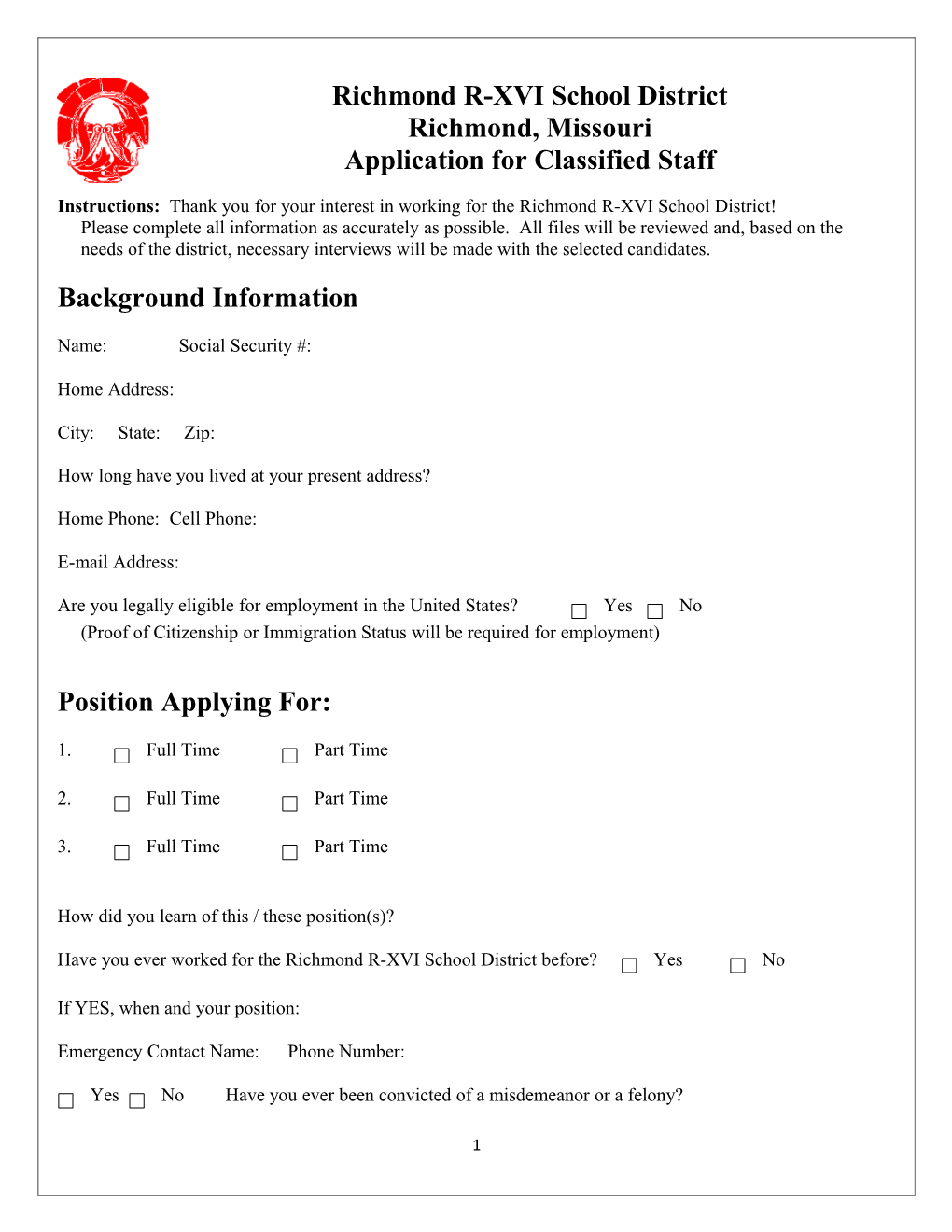 Richmond, Missouri Application for Classified Staff