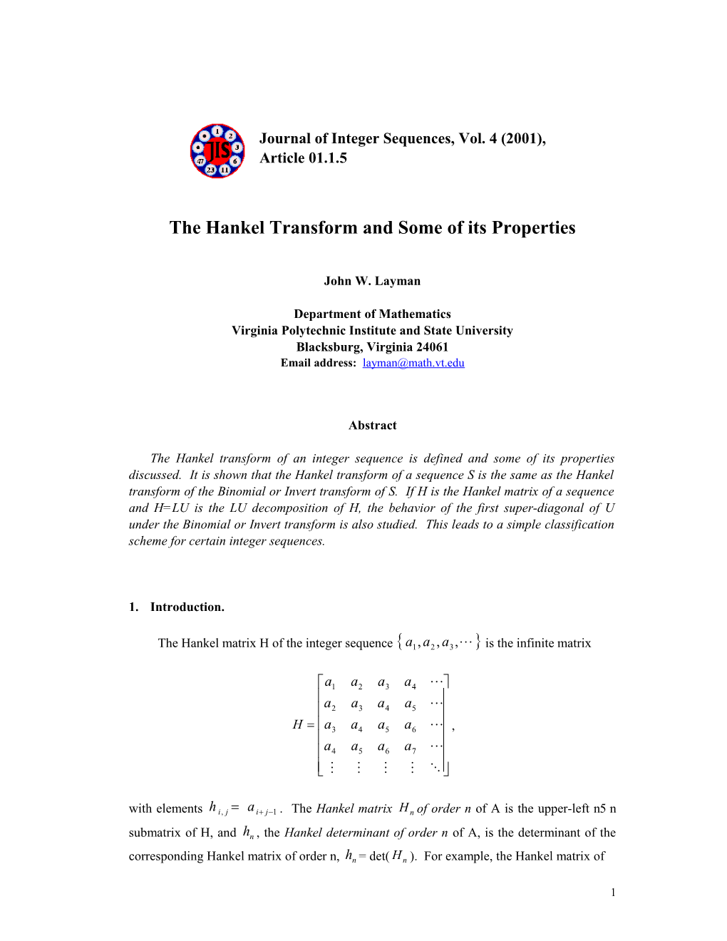The Hankel Transform and Some of Its Properties